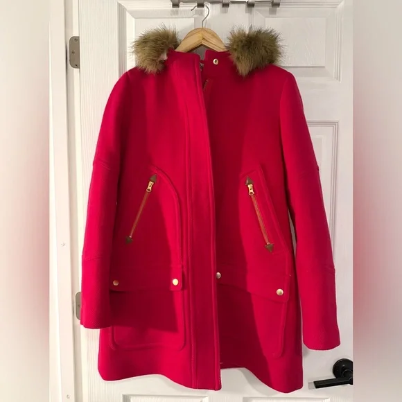 J. Crew Chateau Parka Pink Coat Stadium Cloth Wool Removable Faux Fur Collar - Picture 3 of 6